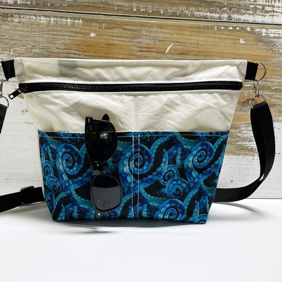 Recycled Sail Cloth Octopus Womens Crossbody Bag Handmade - Picture 1 of 6